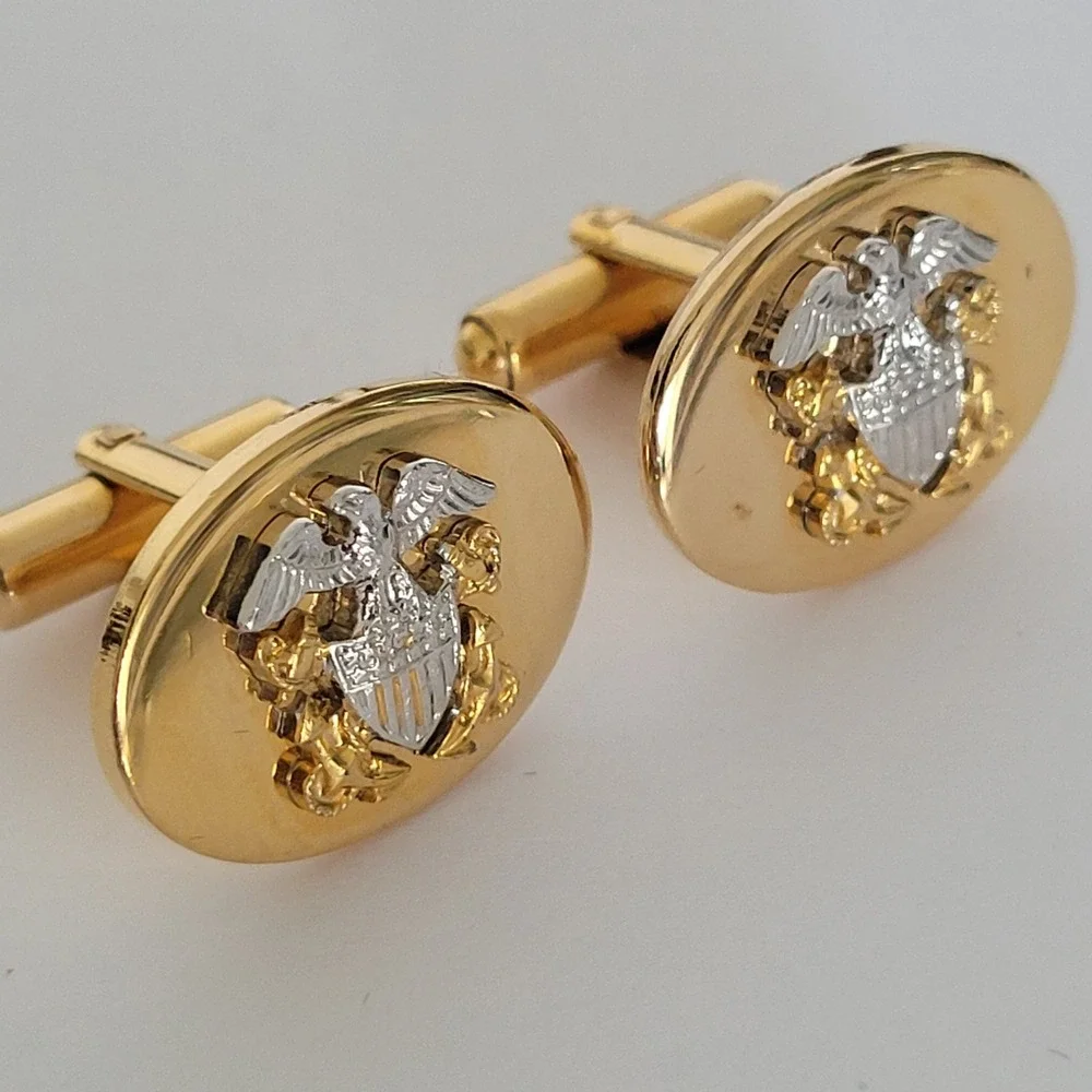 Dunhill Vintage US Navy Officer Crest Cufflinks Gold Silver Tone Two-Tone Boxed
